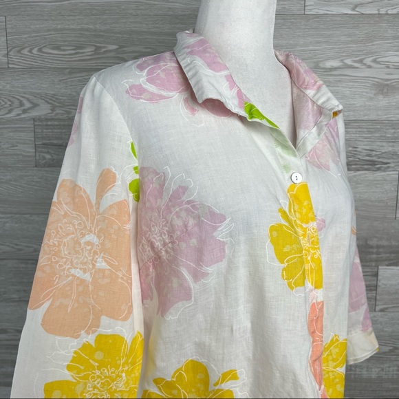 Erin London Linen Long Sleeve Multi Color & White Floral Button down shirt - Picture 2 of 8